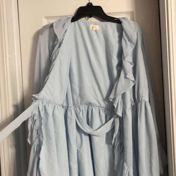 Lena Ruffled V-Neck Puff Sleeve Button Wrist True Wrap Mini Dress in Light Blue - Picture 11 of 12